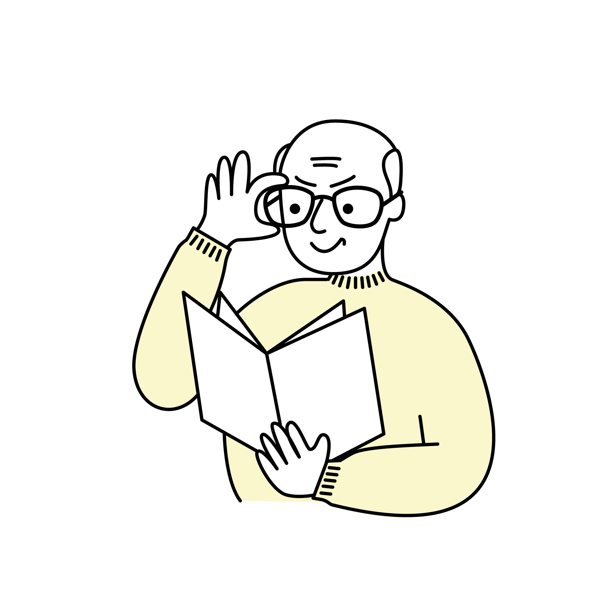 Mann med briller leser i et hefte