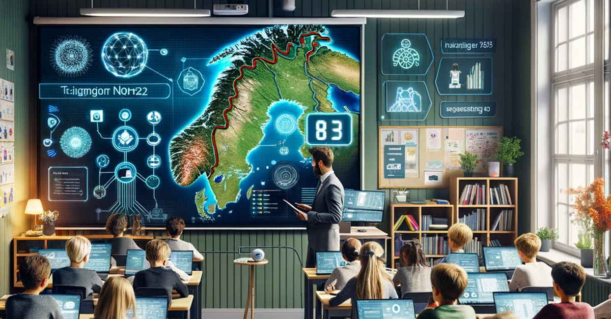 KI-generert bilde av klasserom. Barn med skjermer, lærer med interaktiv tavle.