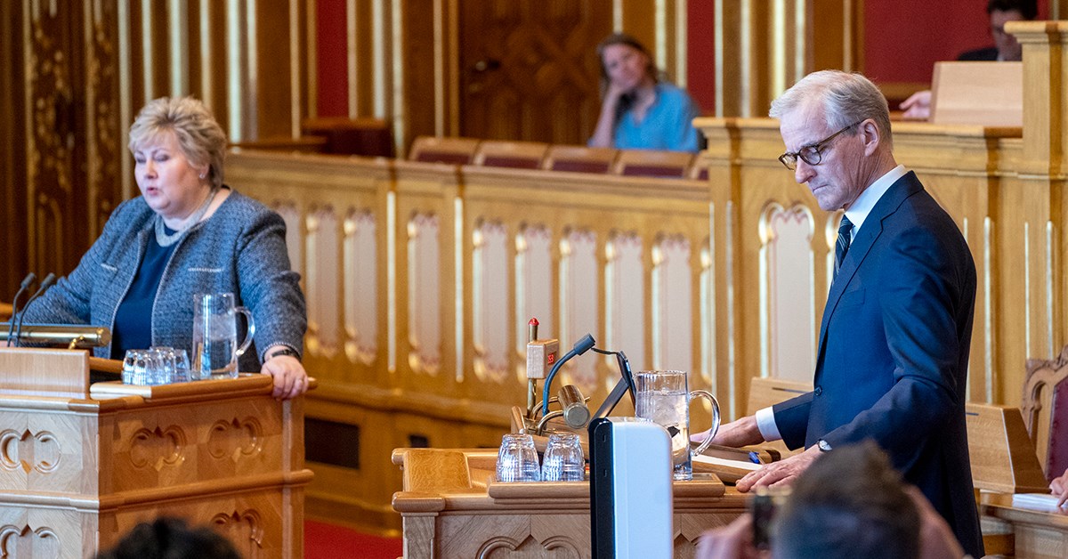 Erna Solberg og Jonas Gahr Støre på Stortingets talerstol