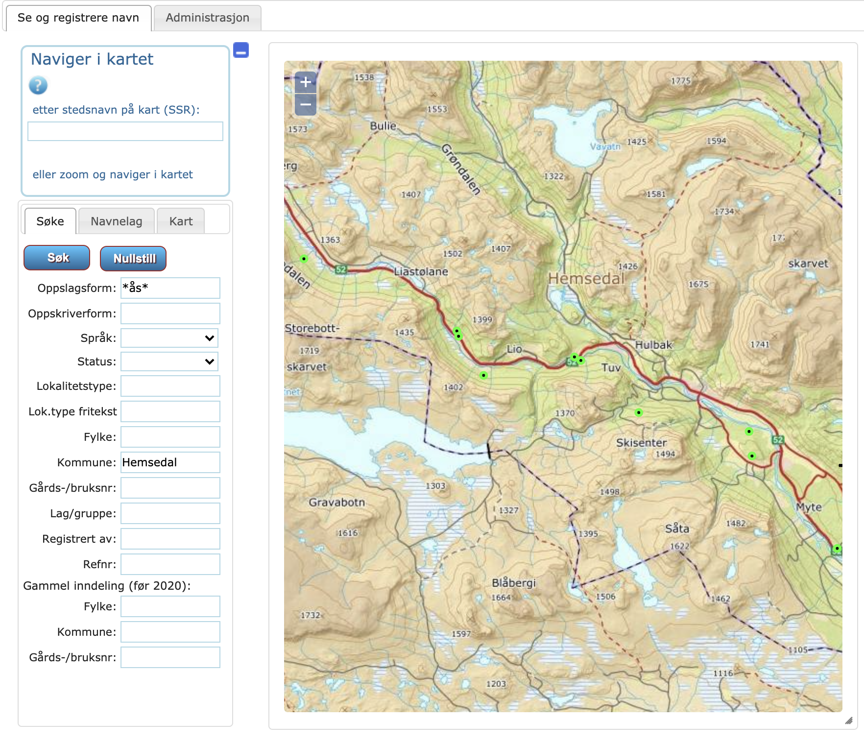 Skjermdump fra stedsnavndatabasen