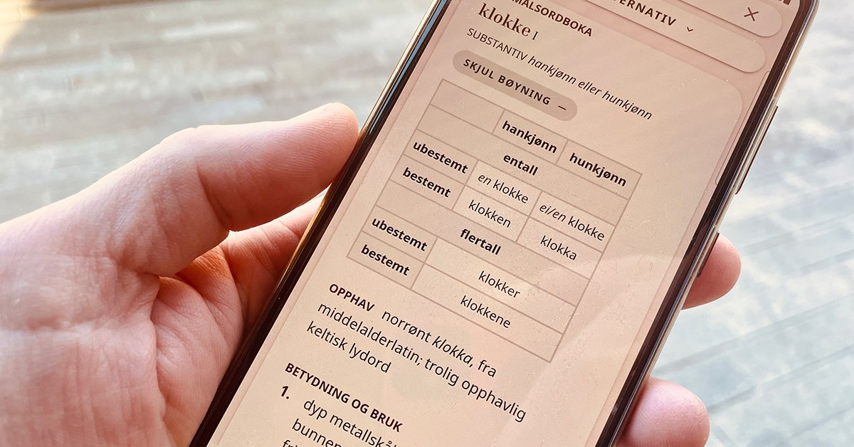 Hånd som holder mobil med ordbok-app